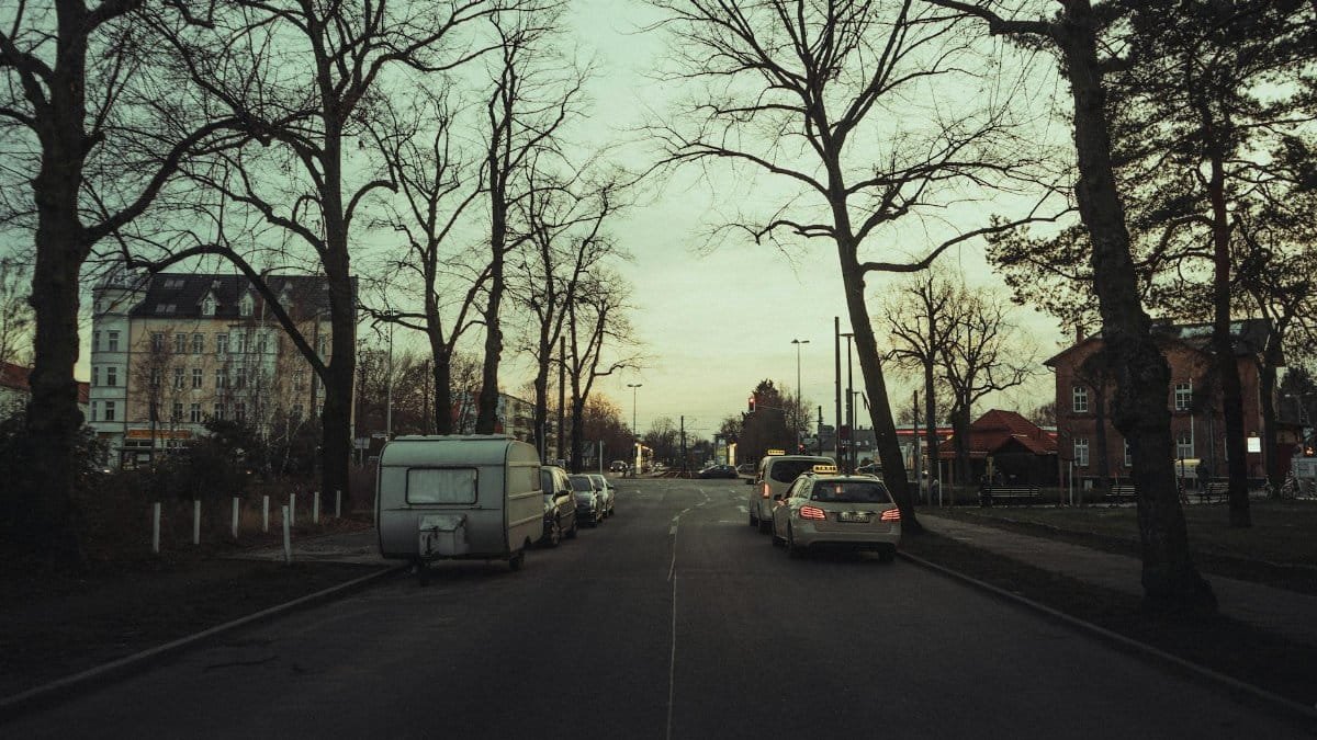 Peaceful urban street in Berlin with bare trees lining the road during winter.