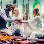 People participate in a spiritual yoga ceremony in Rishikesh, India.