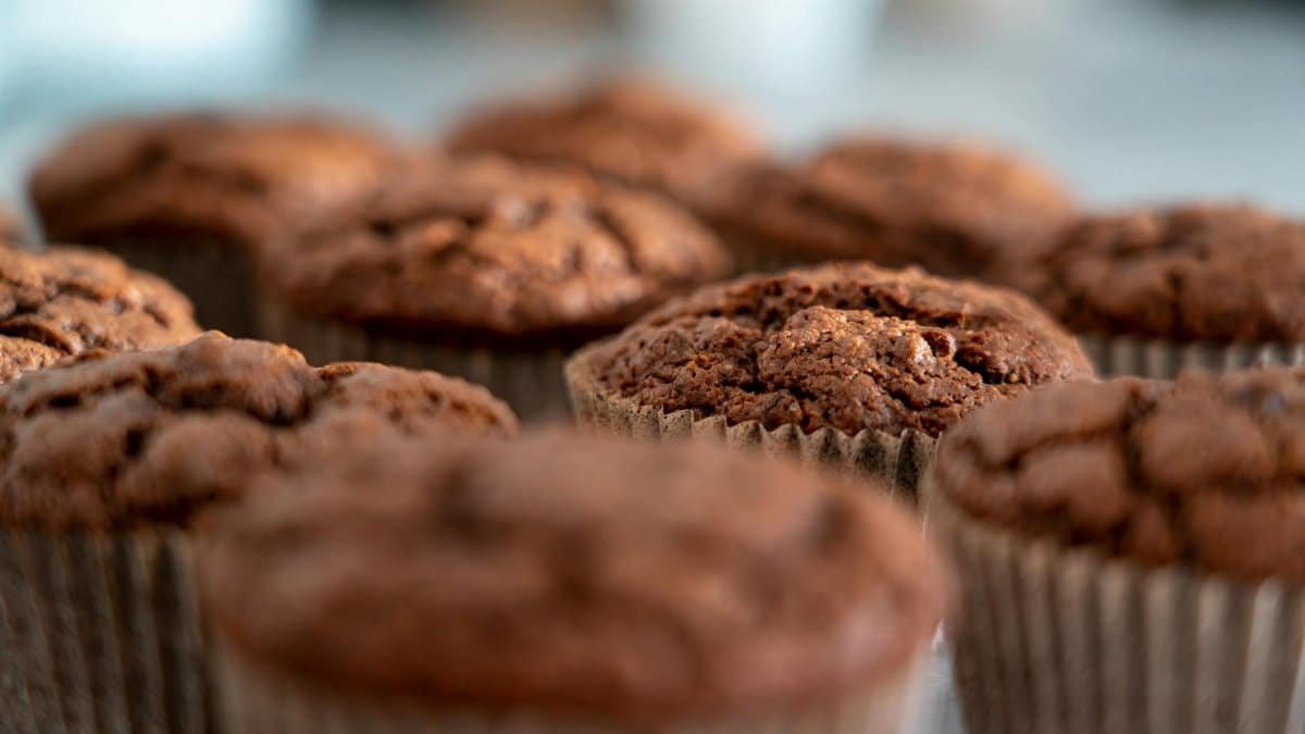 Close-up of homemade chocolate muffins, perfect for a sweet indulgence.