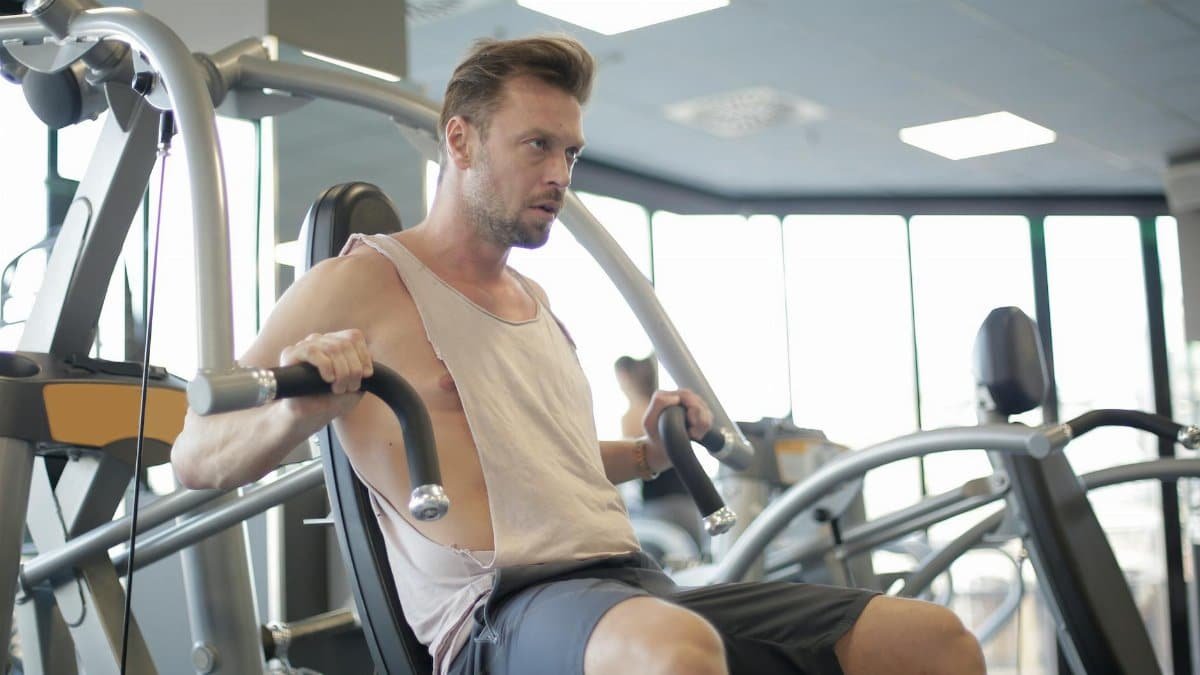 Focused adult male athlete in sportswear using weight machine for arms and chest during workout in modern spacious fitness center in morning