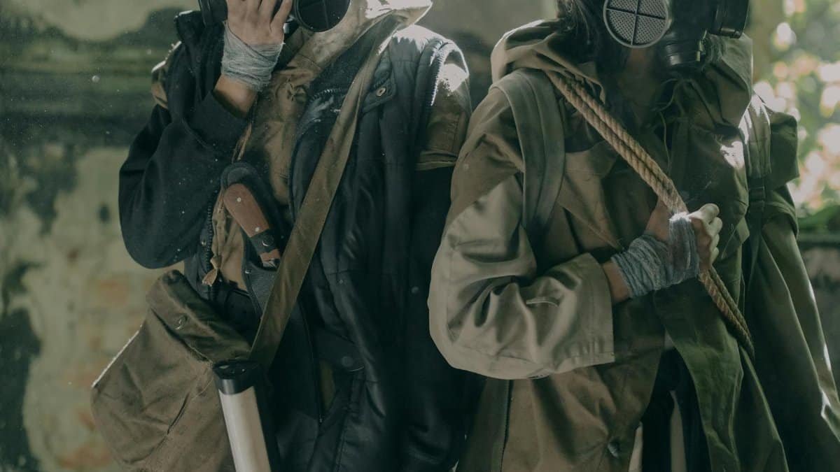 Two individuals in survival gear navigate a gritty urban post-apocalyptic setting.
