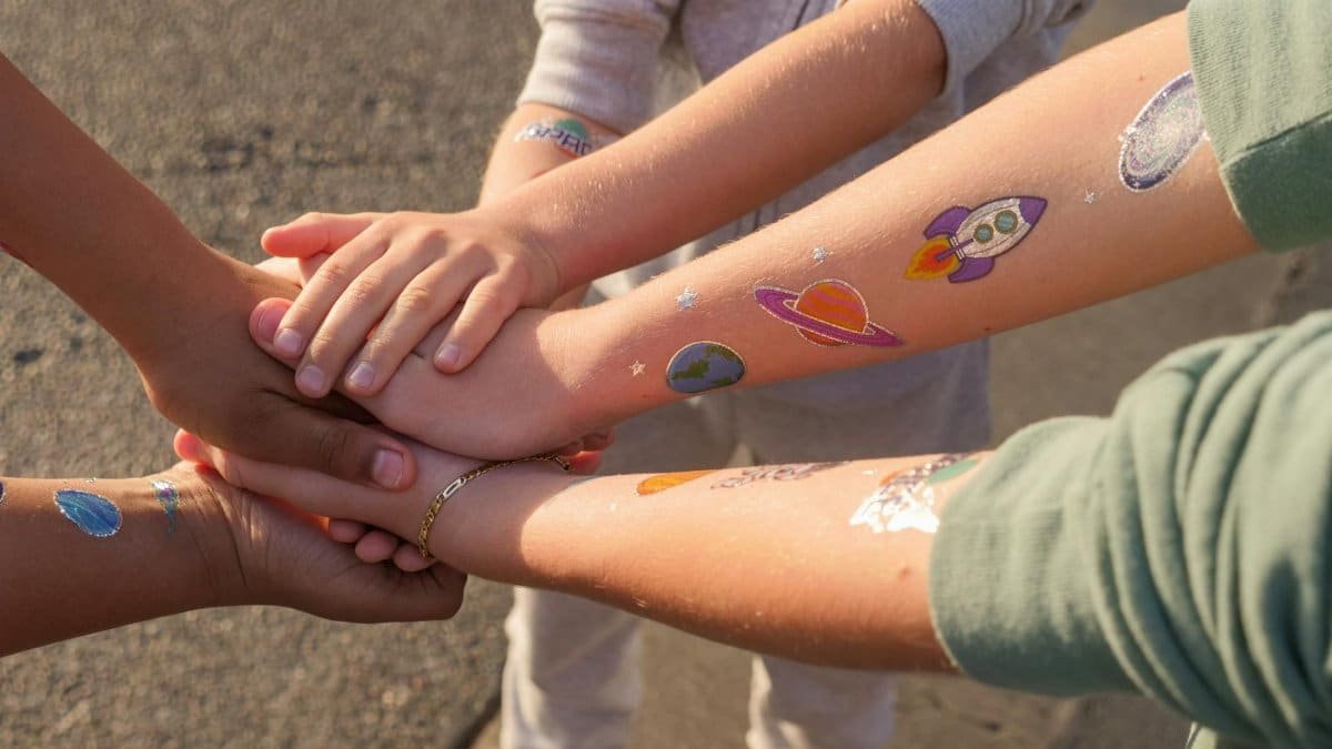 Children with colorful space-themed tattoos join hands, showcasing diversity and togetherness.