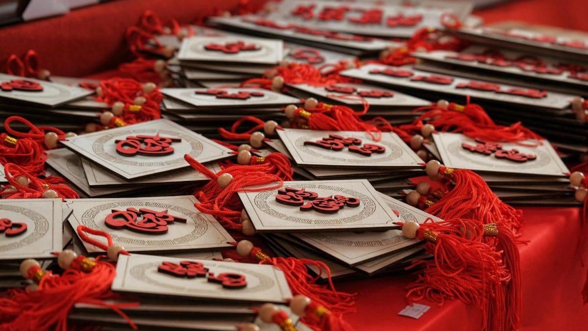 Red and gold traditional decorations for Chinese New Year celebrations.