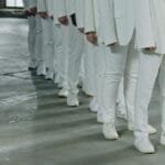 A row of individuals dressed in white suits and sneakers standing in alignment indoors, casting shadows.