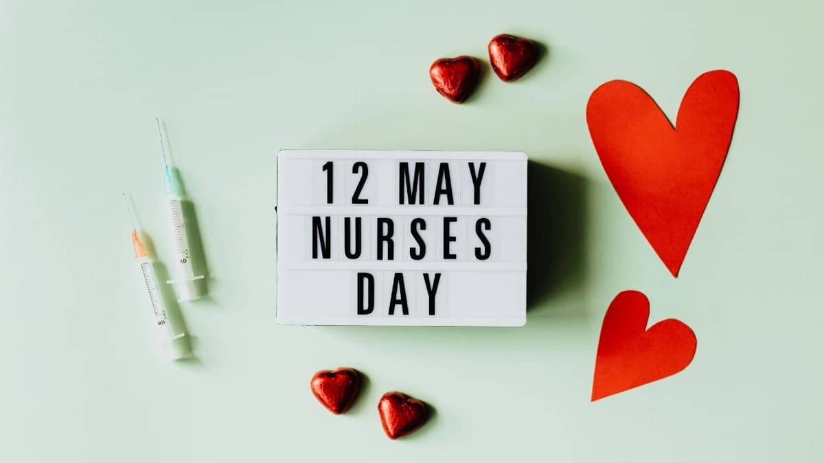 A lightbox displaying Nurses Day on May 12 with syringes and heart symbols symbolizing care and appreciation.