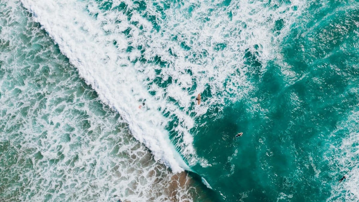 Aerial shot of surfers riding waves in Albufeira, Portugal's turquoise ocean. Perfect summer adventure.