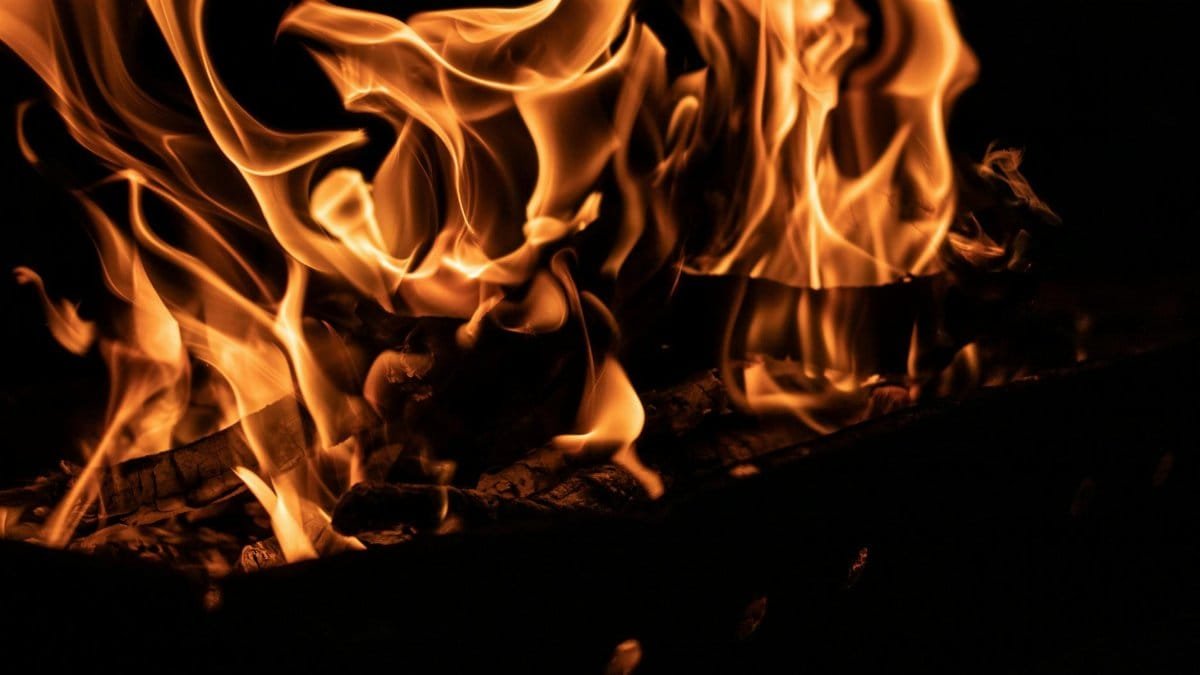 Vibrant flames dance over a campfire, casting a warm glow in the night. Captured in Greece.