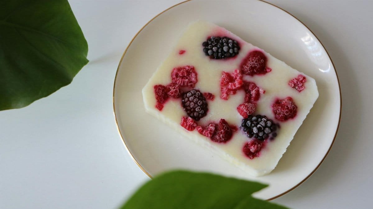 Frozen yogurt bar topped with raspberries and blackberries on a white plate, surrounded by leaves.