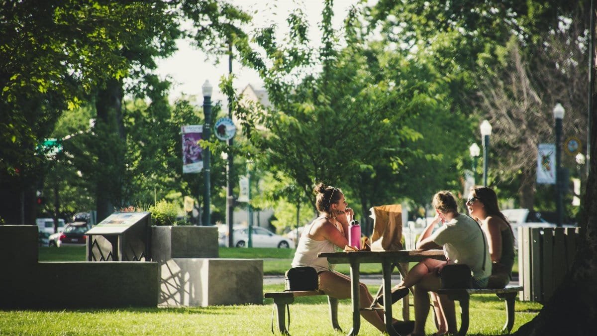 A group of friends sitting at a picnic table in a park, enjoying leisure time under sunny skies.