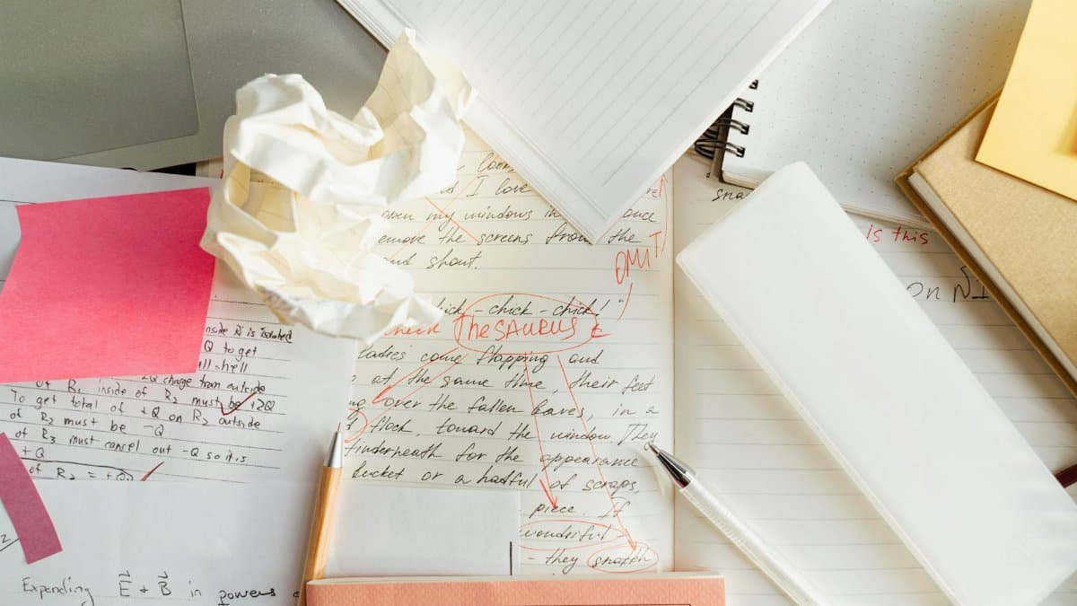 A cluttered workspace with crumpled paper, notebooks, and pens depicting creative chaos.