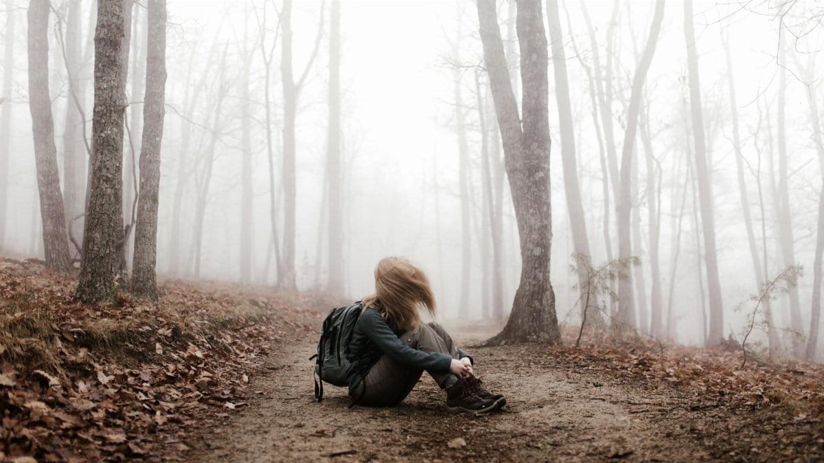 A lone hiker sits on a foggy path in Roaring Gap, NC, amidst a serene woodland setting.