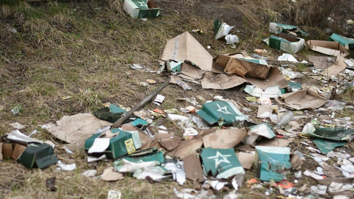 Pile of cardboard and litter scattered on grassy urban area, symbolizing pollution.