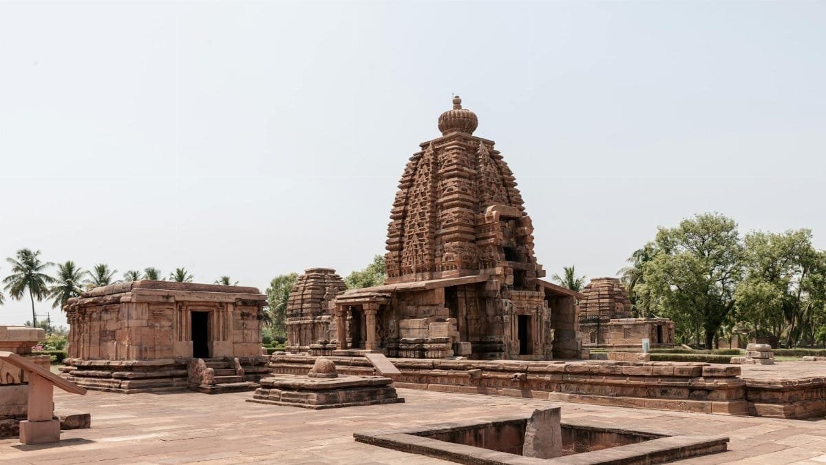 Historic temple architecture in Pattadakal, Karnataka, showcasing ancient Indian stone craftsmanship.
