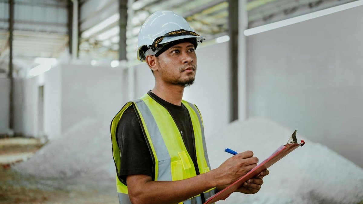 Asian construction worker in a factory setting, using a clipboard for inspection tasks in Banting, Malaysia.