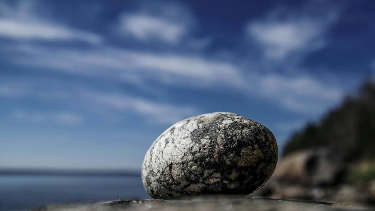 Macro image of a textured stone on lakeside with serene water under blue sky.