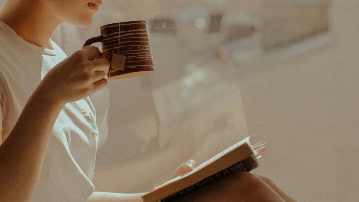 A person enjoys reading a book while sipping tea by a sunlit window, creating a serene atmosphere.