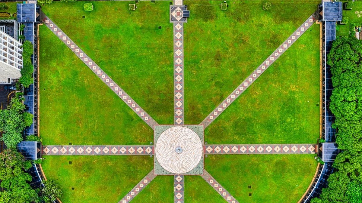 Aerial shot featuring geometric garden patterns in Jakarta, Indonesia.