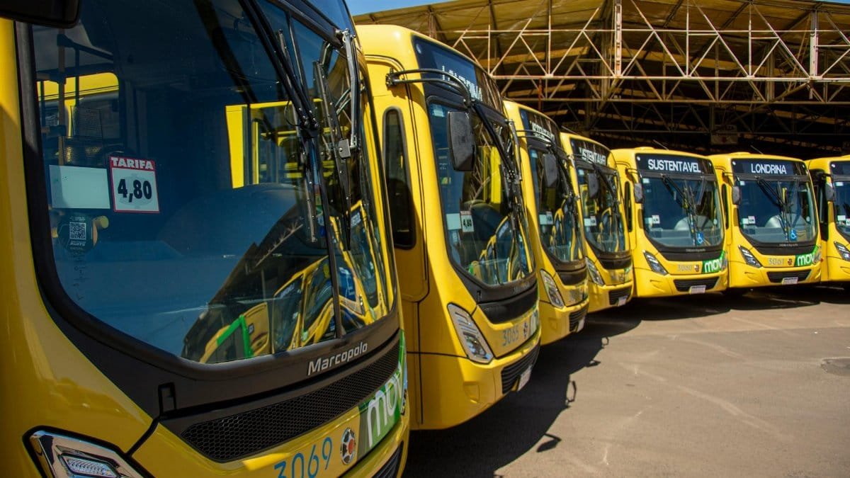Bright yellow buses lined up at Londrina's public transport station under sunny skies.