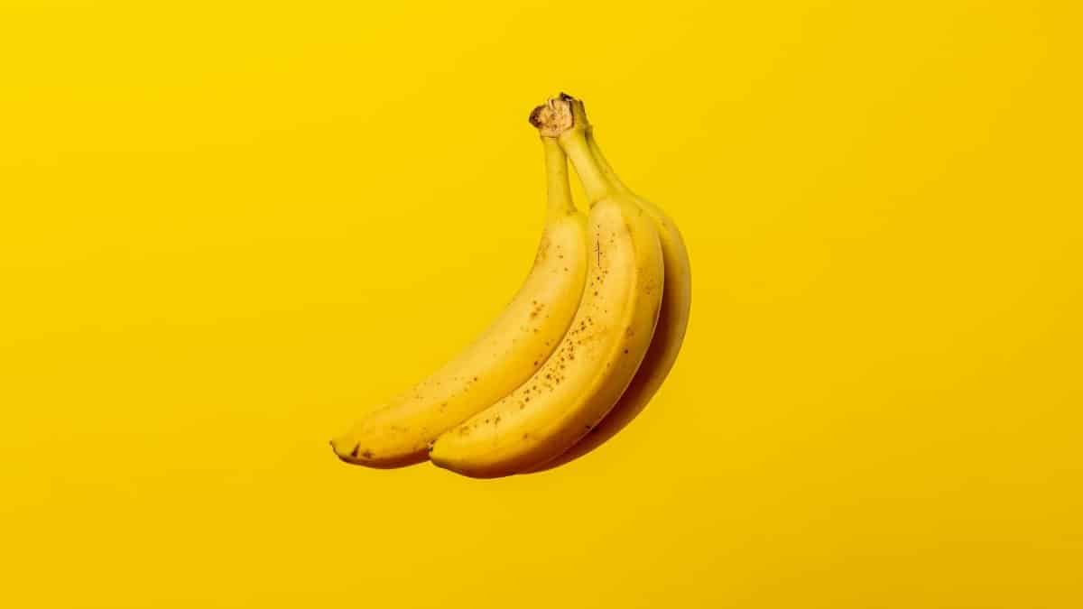 A bunch of ripe yellow bananas against a vivid yellow backdrop, offering tropical freshness.