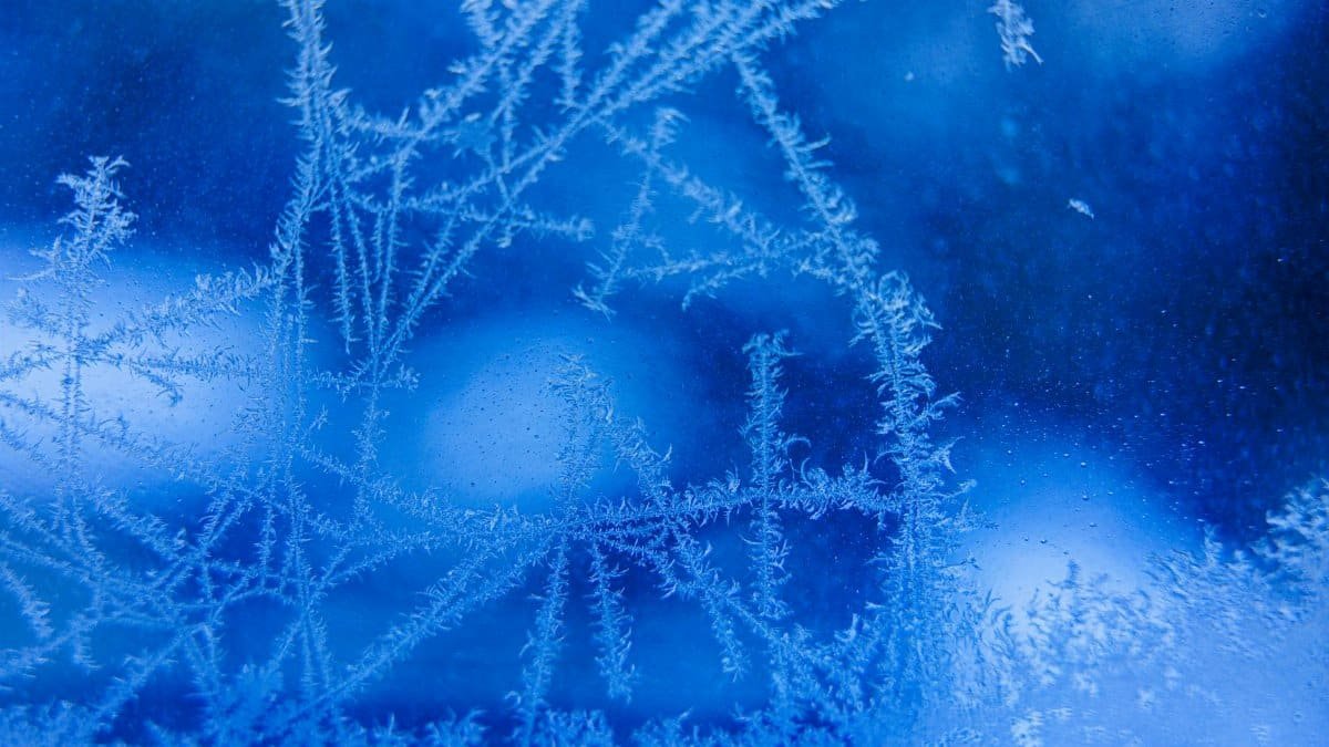 Detailed view of delicate frost formations on a blue-tinted glass surface.