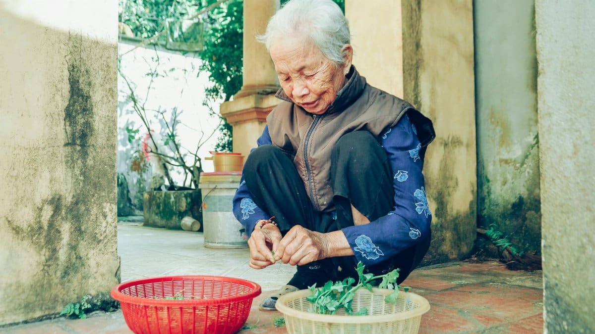 A senior woman sits outdoors, processing vegetables in baskets on a sunny day.