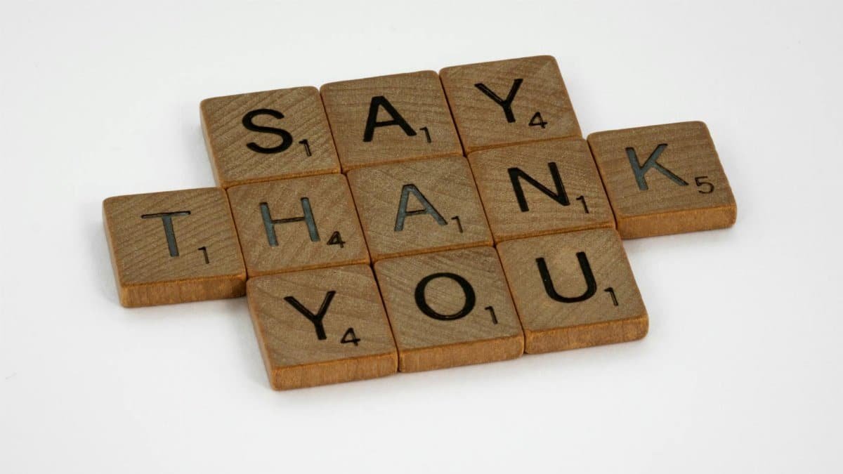 Wooden Scrabble tiles arranged to spell 'Say Thank You' on a white background.
