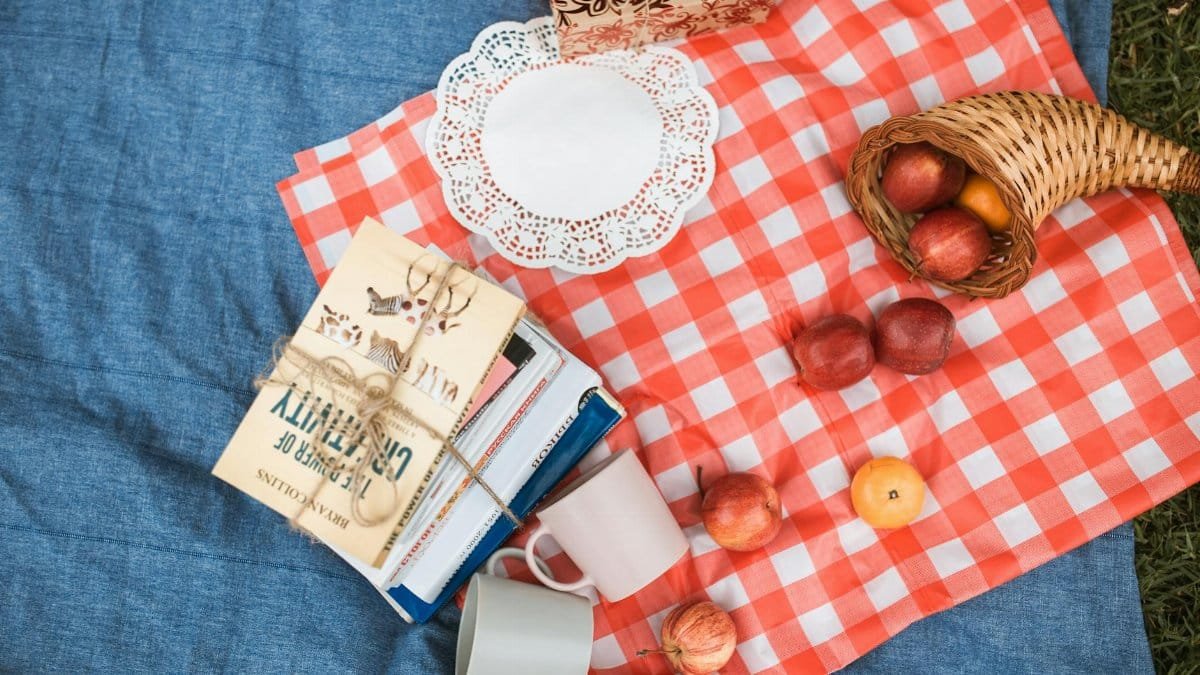 Top view of a picnic with books, apples, and a cornucopia on a blanket.