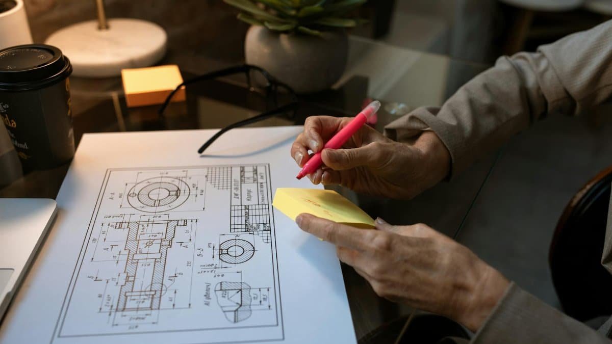 A person annotating a technical blueprint in a modern workspace setting with a laptop and coffee.
