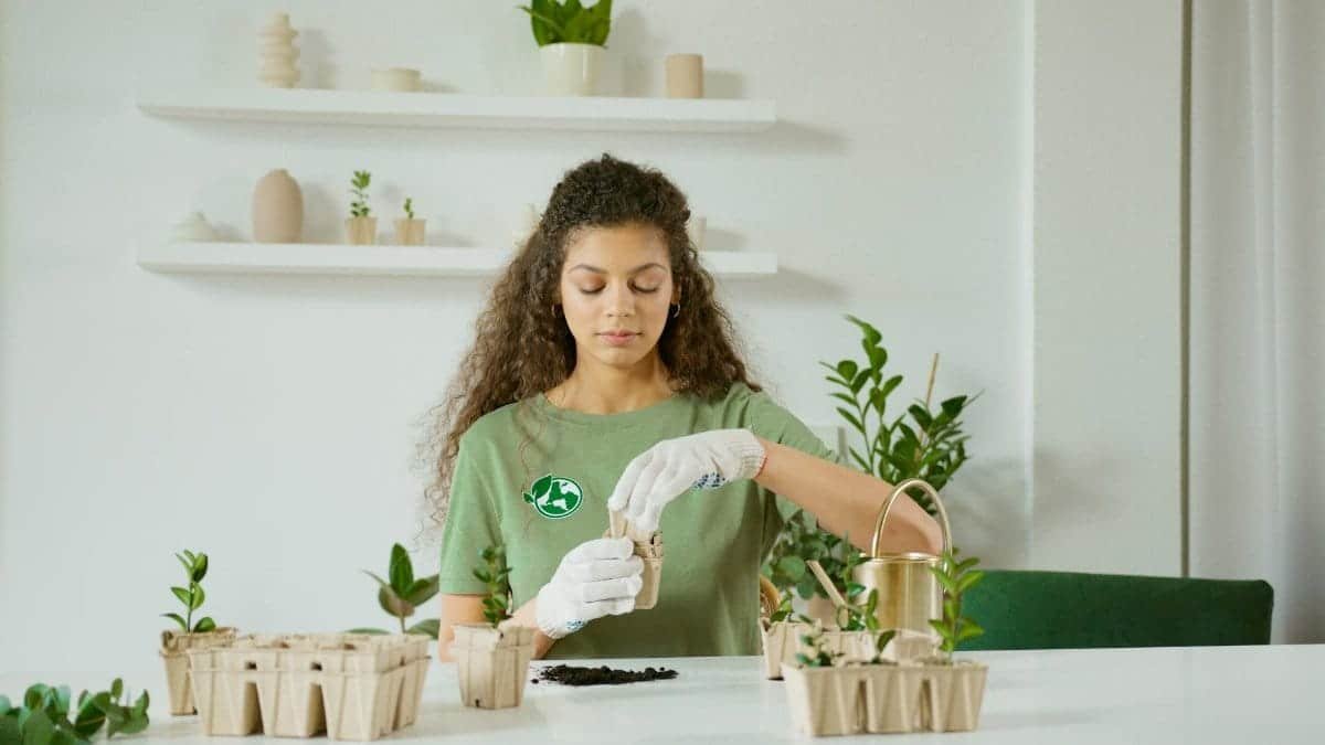 Woman planting seedlings indoors wearing gloves, focusing on eco-friendly gardening.