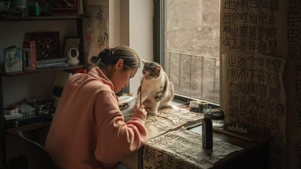 A woman practices Chinese calligraphy beside a curious cat in a warm, artistic home setting.