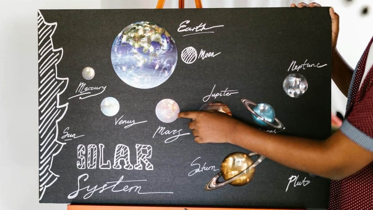 Colorful solar system poster in a classroom emphasizing planets and learning.