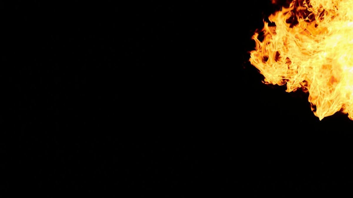 Vivid flames against a black backdrop create an intense and dramatic effect.