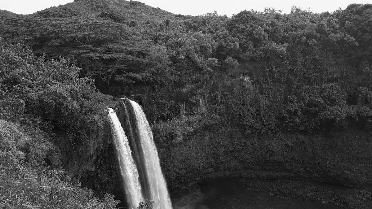 Stunning view of Wailua Falls cascading amidst tropical greenery in Kauai, Hawaii.