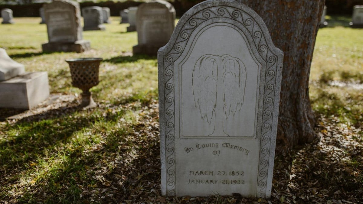 A peaceful cemetery scene with vintage headstones under a tree, highlighting themes of remembrance and serenity.