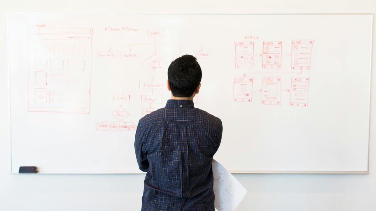 Man analyzing design flowchart on whiteboard in a professional office setting.