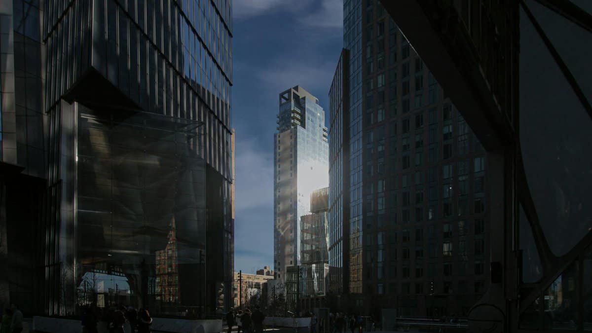 A captivating view of modern skyscrapers and urban life in New York City.