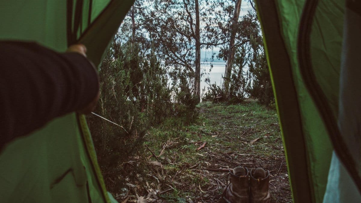 View through a tent opening at a serene lakeside forest with boots, capturing the essence of outdoor adventure.