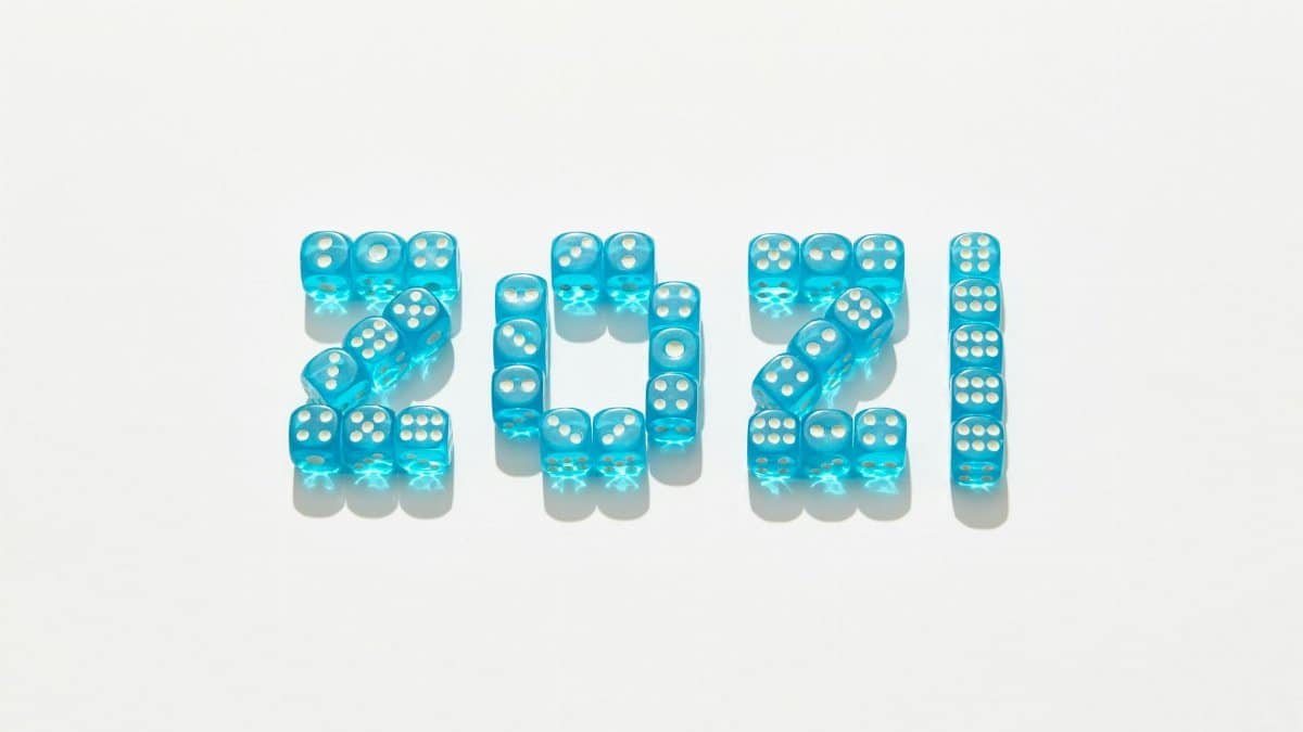 Blue dice arranged to form 2021, symbolizing the New Year.