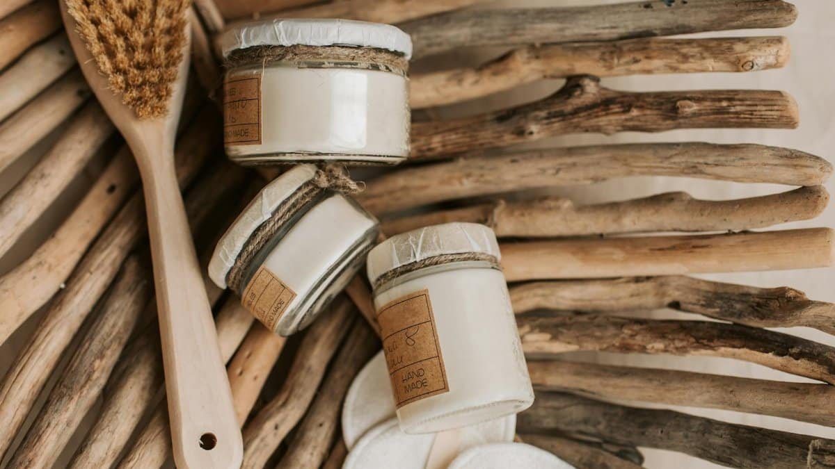 Explore eco-friendly skincare products with a rustic wooden background, promoting sustainability and zero waste.