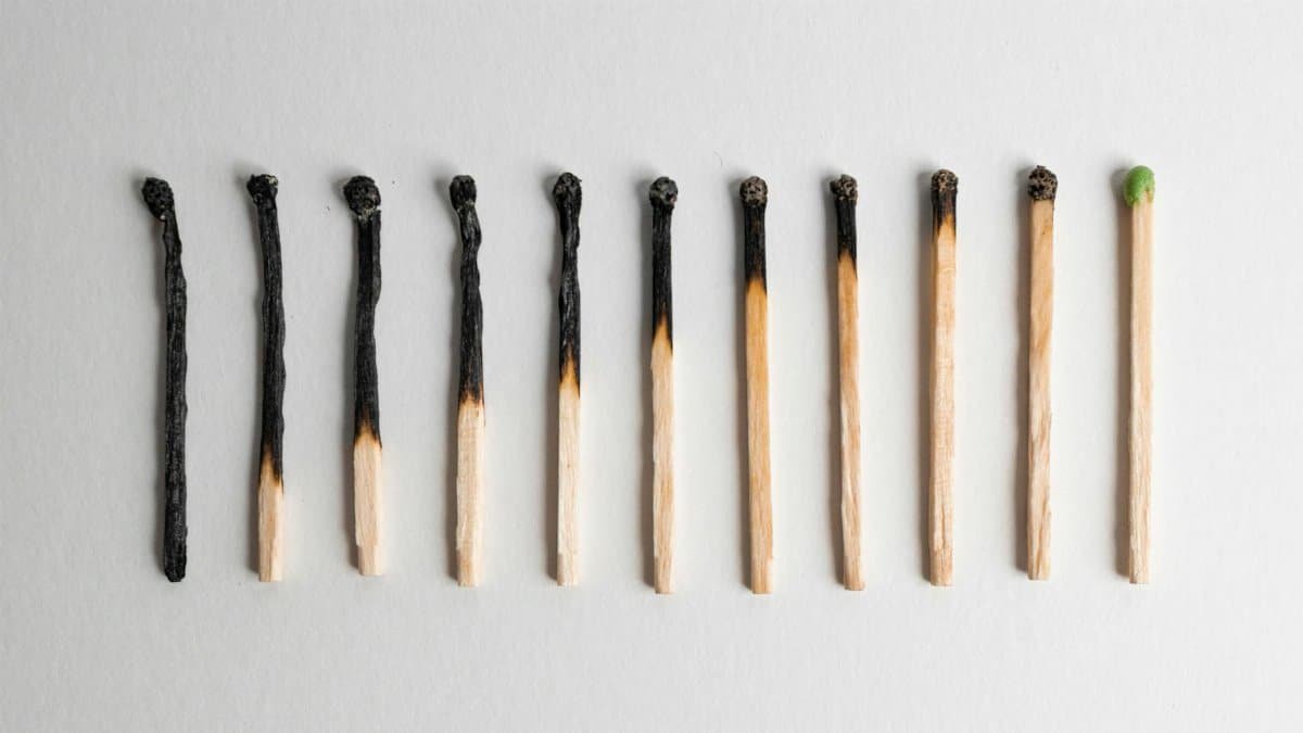 A minimalist still life of burnt matchsticks on a white background symbolizes resilience and renewal.