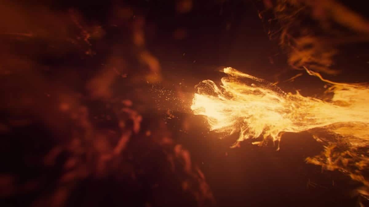 Dynamic abstract artwork featuring a fiery explosion with glowing orange and red flames.
