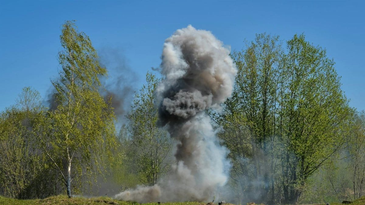 A powerful explosion creates a huge cloud of smoke against a backdrop of green trees, illustrating nature vs. destruction.