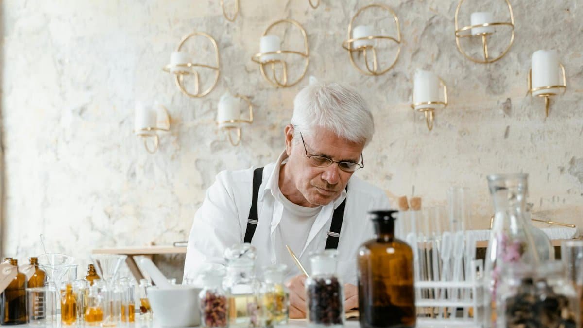 A senior male scientist working with aromatic substances in an indoor laboratory setting.