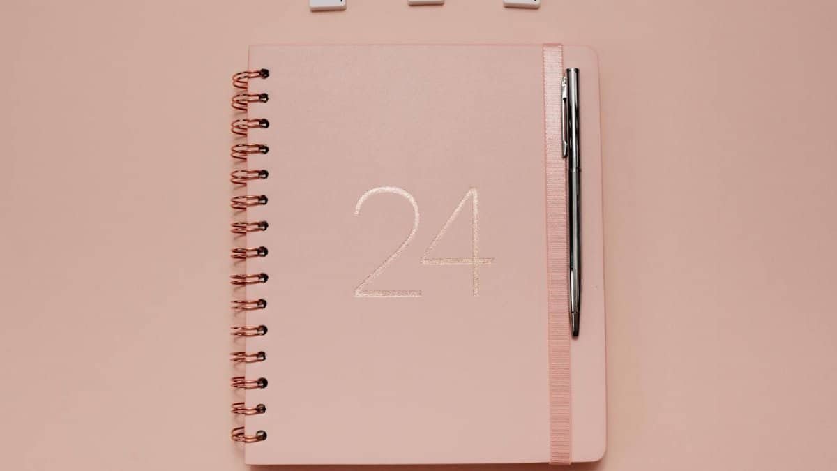 Elegant light pink planner and pen on a peach background, perfect for organizing January goals.