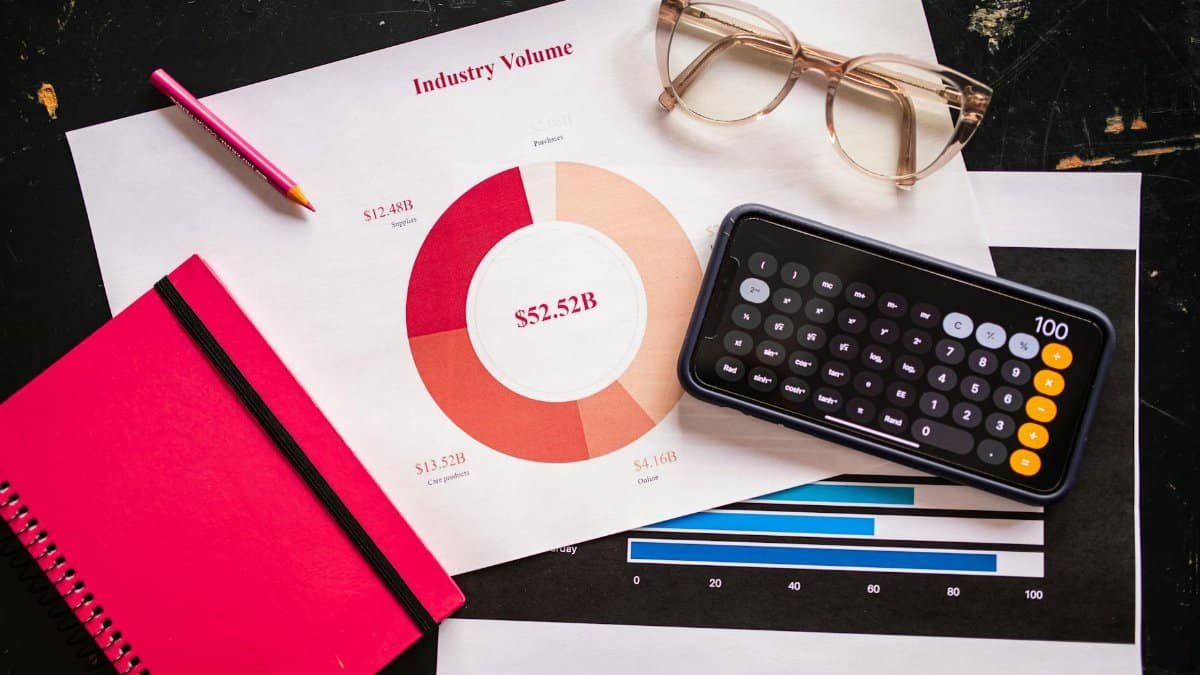 Stock photo of business charts, calculator, and eyeglasses on a desk.