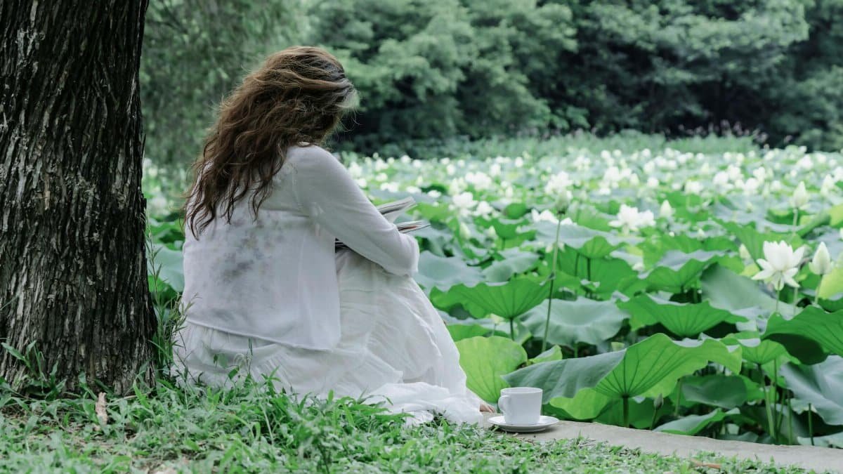 Woman in white dress reading by a serene lotus pond, enjoying a peaceful summer day outdoors.