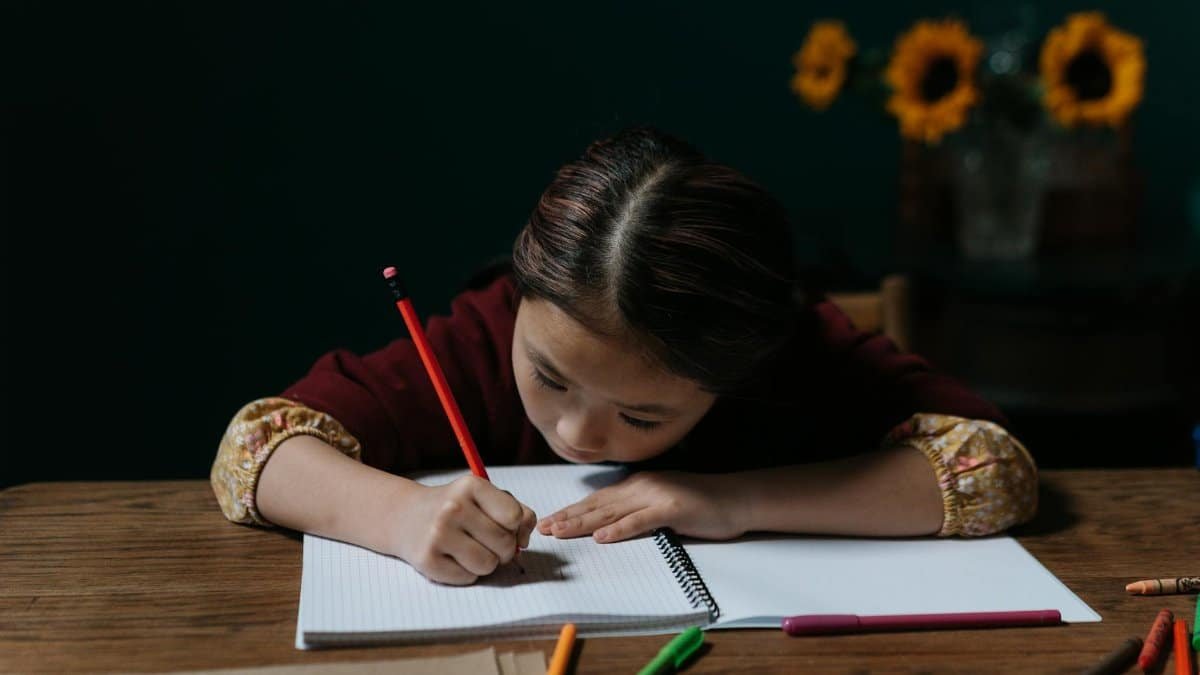 An East Asian child writing in a notebook at a wooden table, focused on homework indoors.