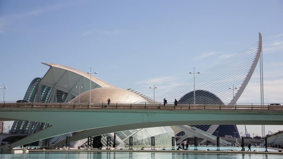 View of the City of Arts and Sciences architectural complex in Valencia, highlighting modern design against a clear sky.