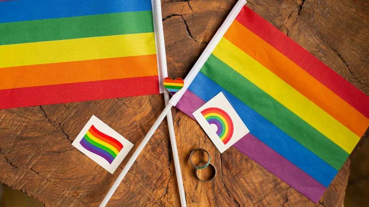 Overhead view of rainbow Pride flags and symbols on a wooden surface, signifying LGBTQ+ pride.