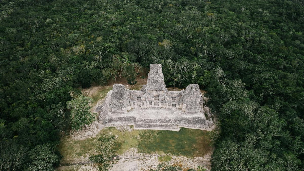 An aerial view showcasing ancient Mayan ruins surrounded by lush jungle.